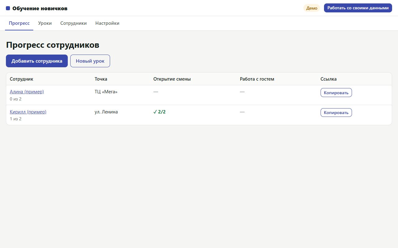 Экран сервиса «Обучение новичков» на примере данных